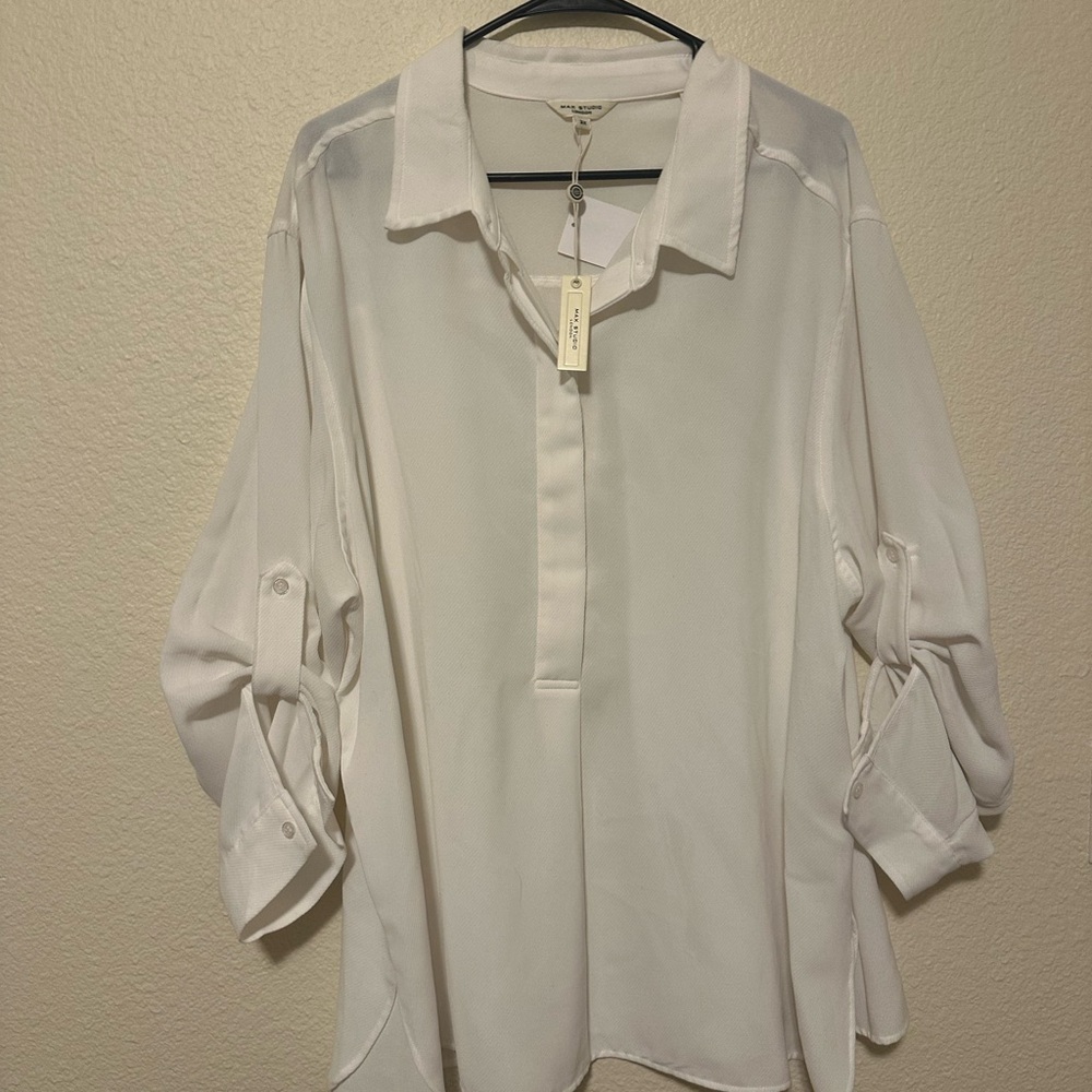 Max Studio White 3/4 Sleeve Notched Collar Blouse